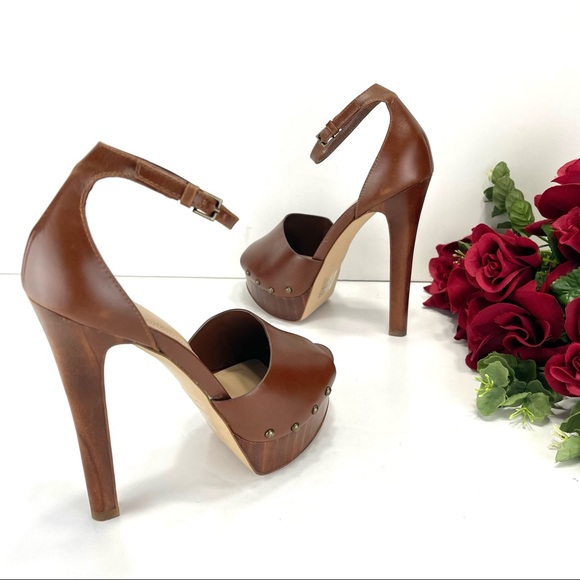 ALDO LARAA BROWN LEATHER WOODEN HEELED SANDALS - Picture 5 of 16